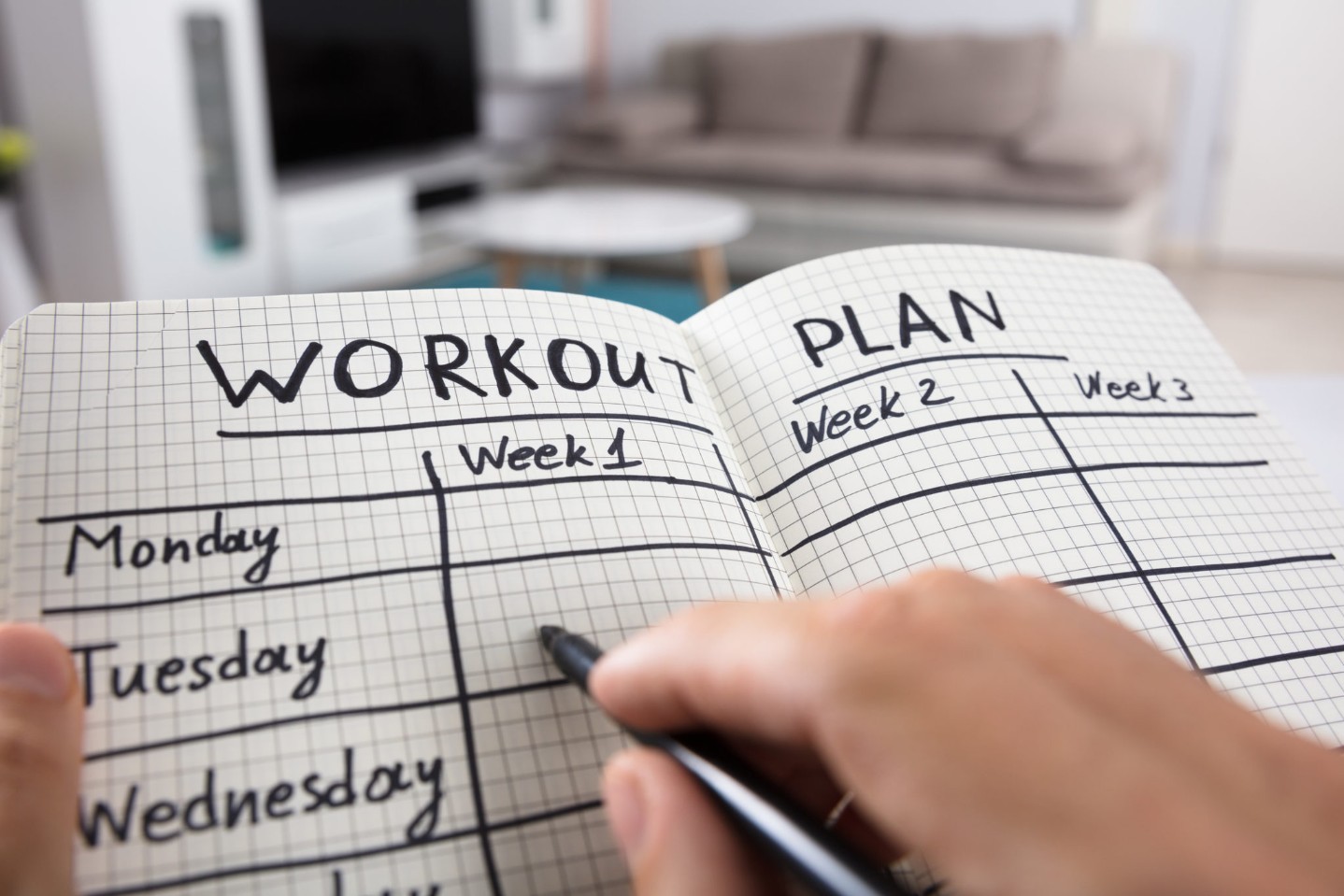 Person Writing Workout Plan In Notebook