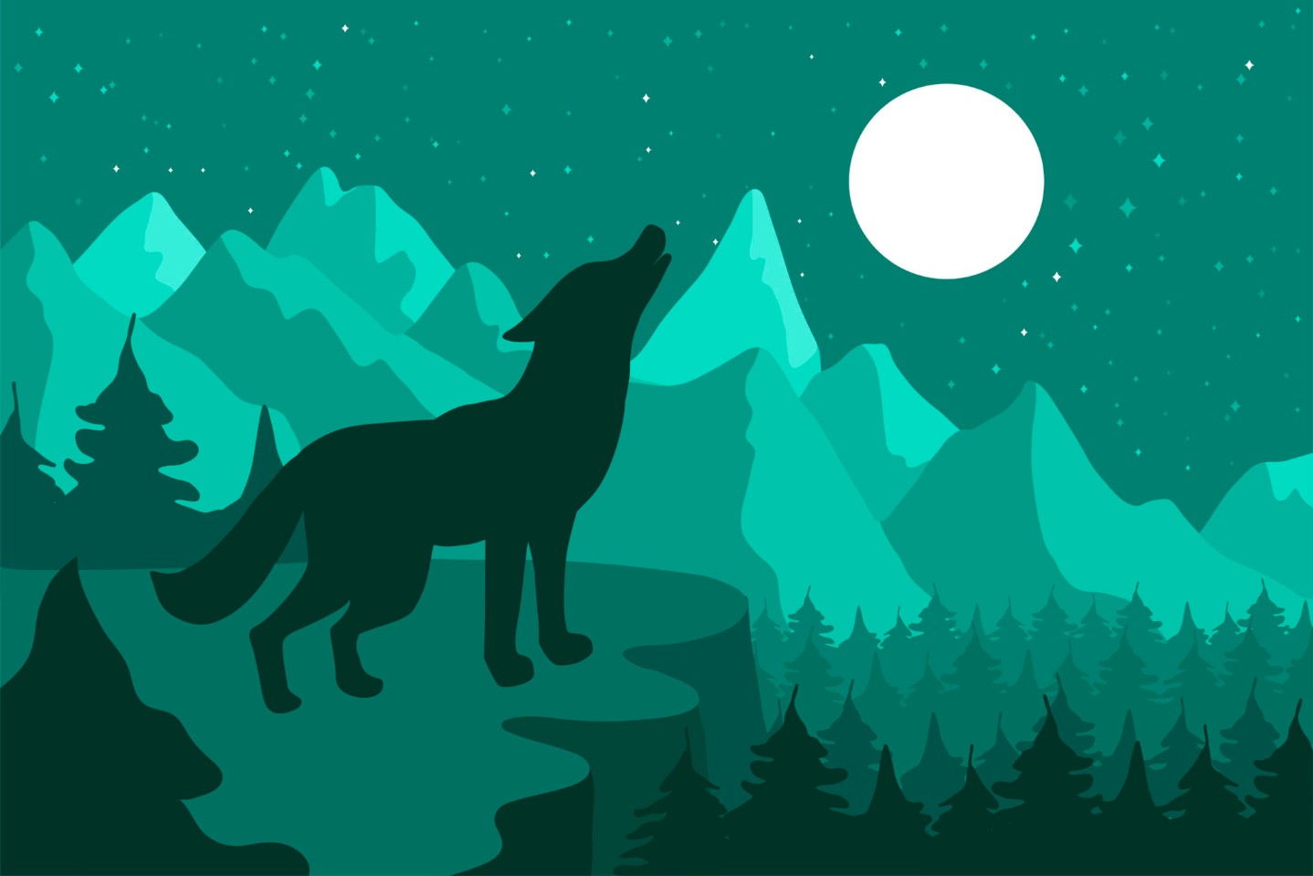 Wolf in the night coniferous forest