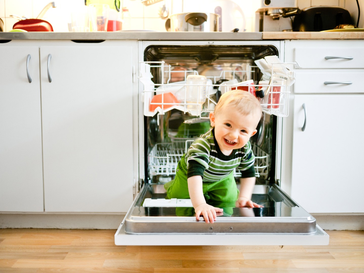 little boy climbing in dishwasher