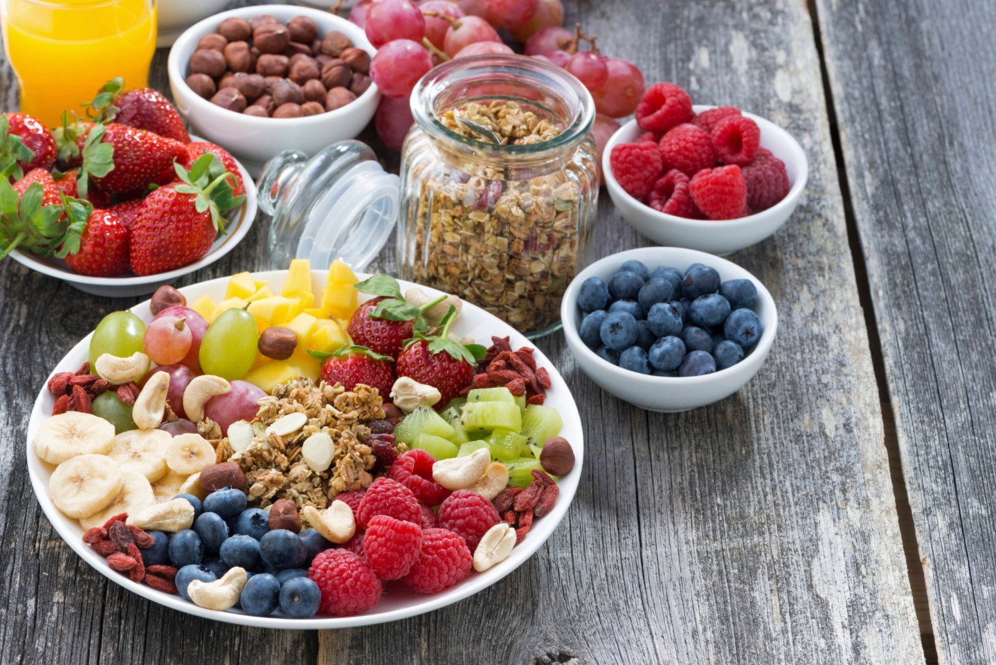 ingredients for a healthy breakfast - berries, fruit, muesli and||Breakfast burritos and coffee