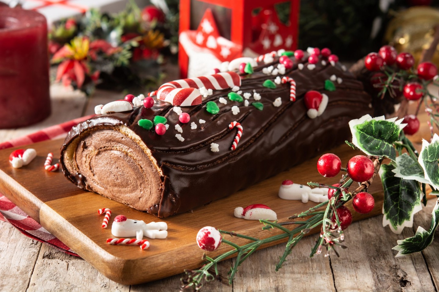 Chocolate yule log christmas cake