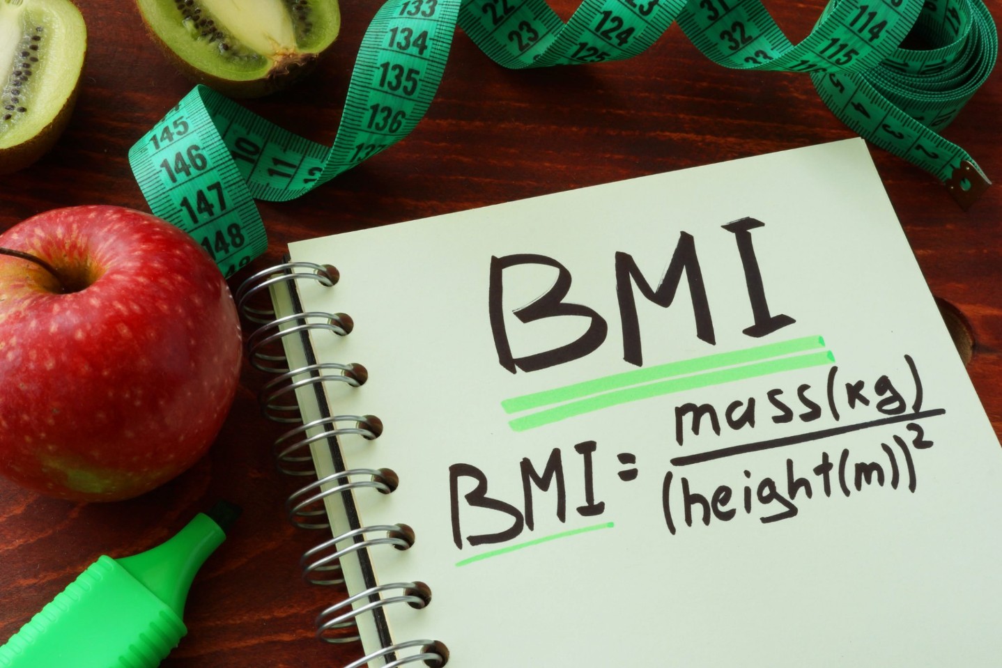 BMI body mass index written on a notepad sheet.